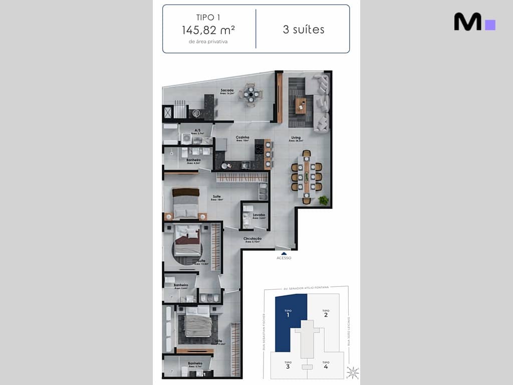 Planta baixa do apartamento tipo 1 no Hudson Park Residence: 3 suítes, 145,82 m².