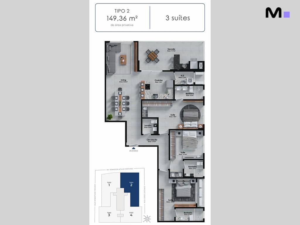 Planta baixa do apartamento Tipo 2 no Hudson Park Residence: 3 suítes, 149,36 m².
