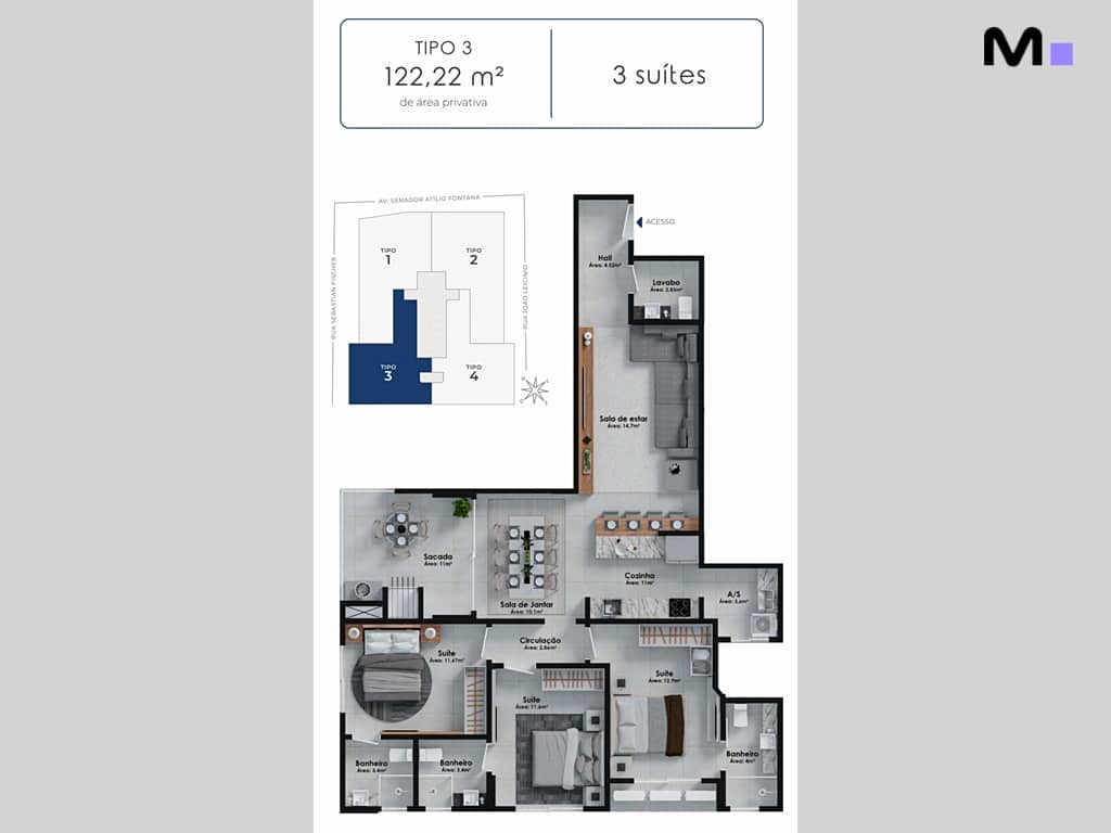 Planta baixa do apartamento Tipo 3 no Hudson Park Residence: 3 suítes, 122,22 m².
