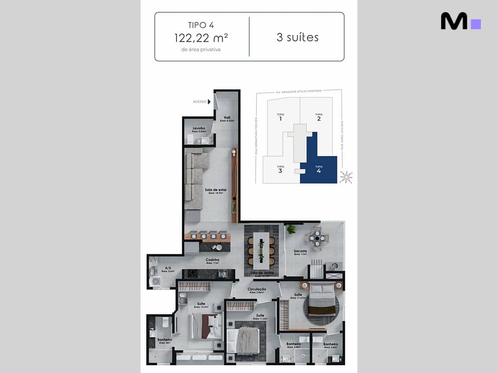 Planta do apartamento Tipo 4 (122,22m²) com 3 suítes no Hudson Park Residence.
