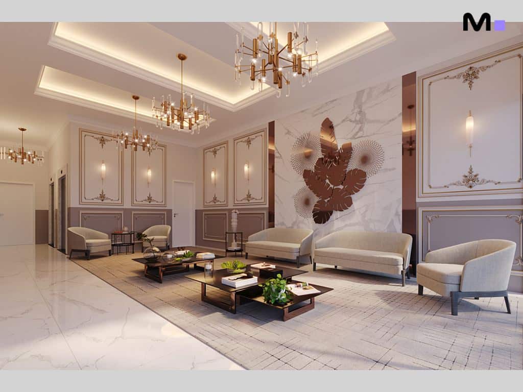 Hall de entrada elegante do Palazzo Reale com sofás, cadeiras e lustres sofisticados.