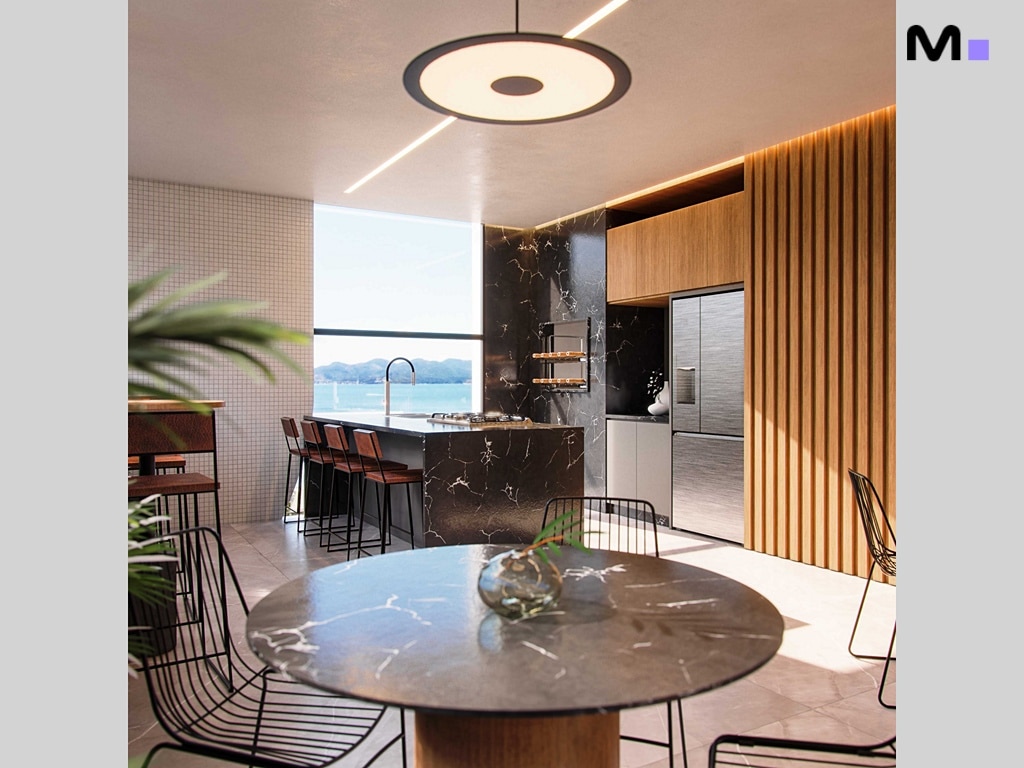 Cozinha moderna com ilha escura e mesa redonda. Design de interiores do Hudson Park Residence.