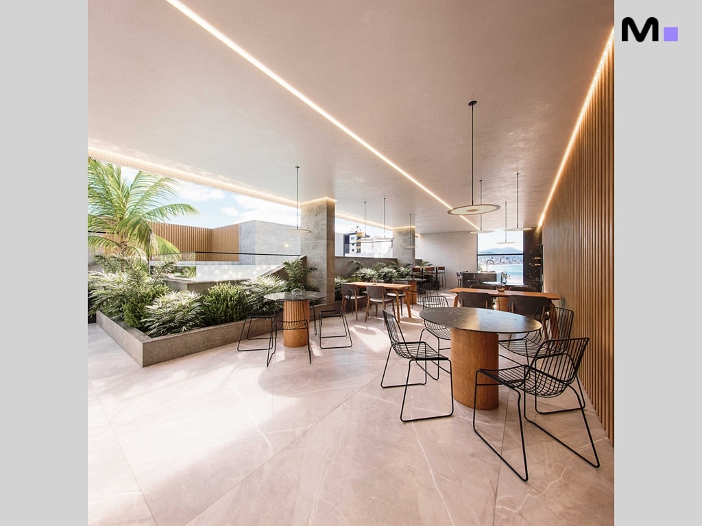 Restaurante moderno no Hudson Park Residence com vista para o mar. Mesas e cadeiras elegantes.