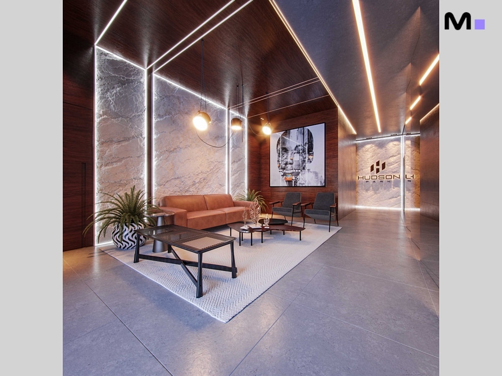 Lobby moderno do Hudson Park Residence com sofás, poltronas e iluminação elegante.