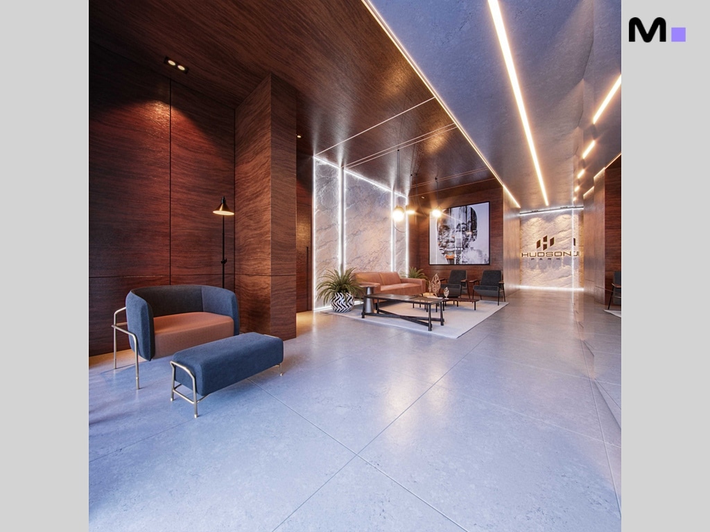 Lobby do Hudson Park Residence com design moderno e iluminação elegante.