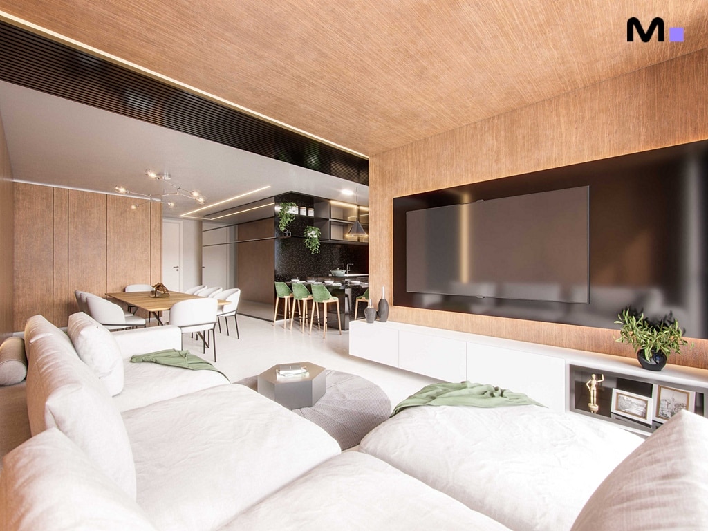 Sala de estar moderna da Hudson Park Residence com sofá branco, TV e cozinha ao fundo.