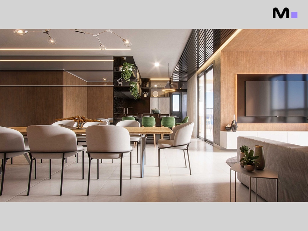 Interior moderno da Hudson Park Residence com sala de jantar e TV integrada na parede de madeira.