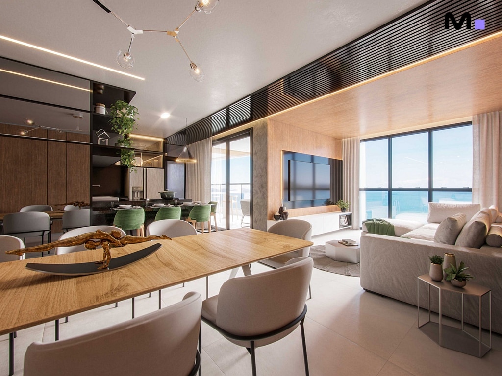 Interior moderno da Hudson Park Residence com sala de estar, jantar e vista para o mar.