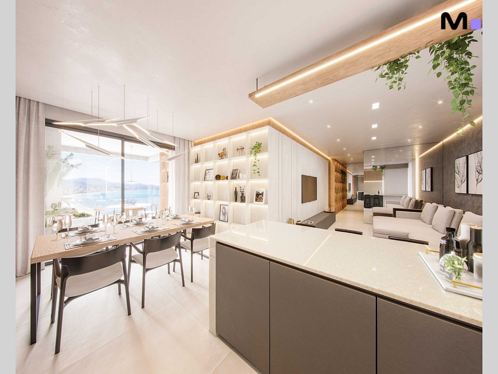 Interior moderno e iluminado da Hudson Park Residence com sala de jantar, estantes e vista para o mar.