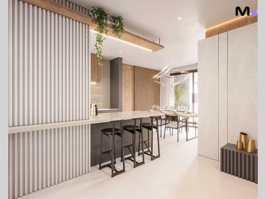 Interior moderno da Hudson Park Residence: balcão com banquetas pretas e detalhes em madeira e plantas.