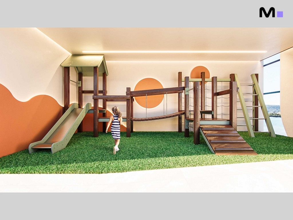 Playground moderno e colorido no Hudson Park Residence. Espaço infantil divertido.