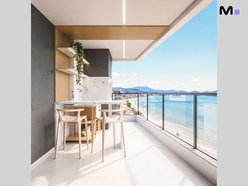 Varanda moderna com vista para o mar, cadeiras de bar e bancada, parte do Hudson Park Residence.