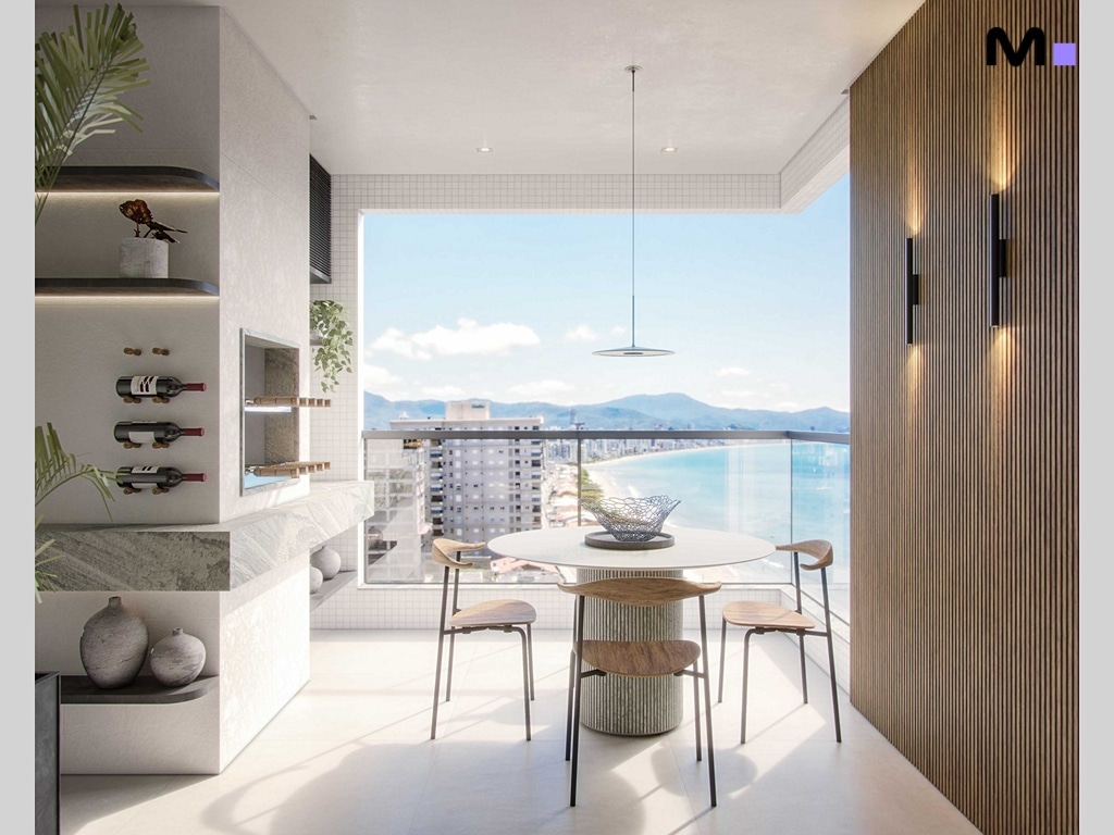 Sala de jantar moderna com vista para o mar no Hudson Park Residence. Mesa redonda e cadeiras de madeira.