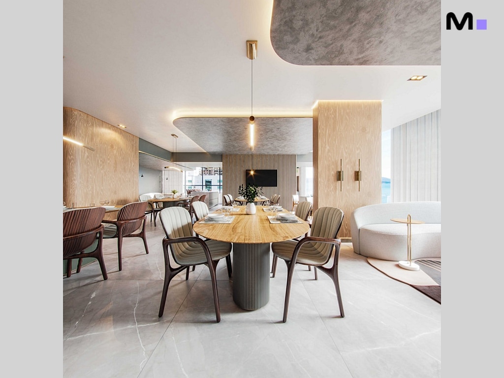 Interior elegante do Hudson Park Residence com mesa de jantar e cadeiras modernas.