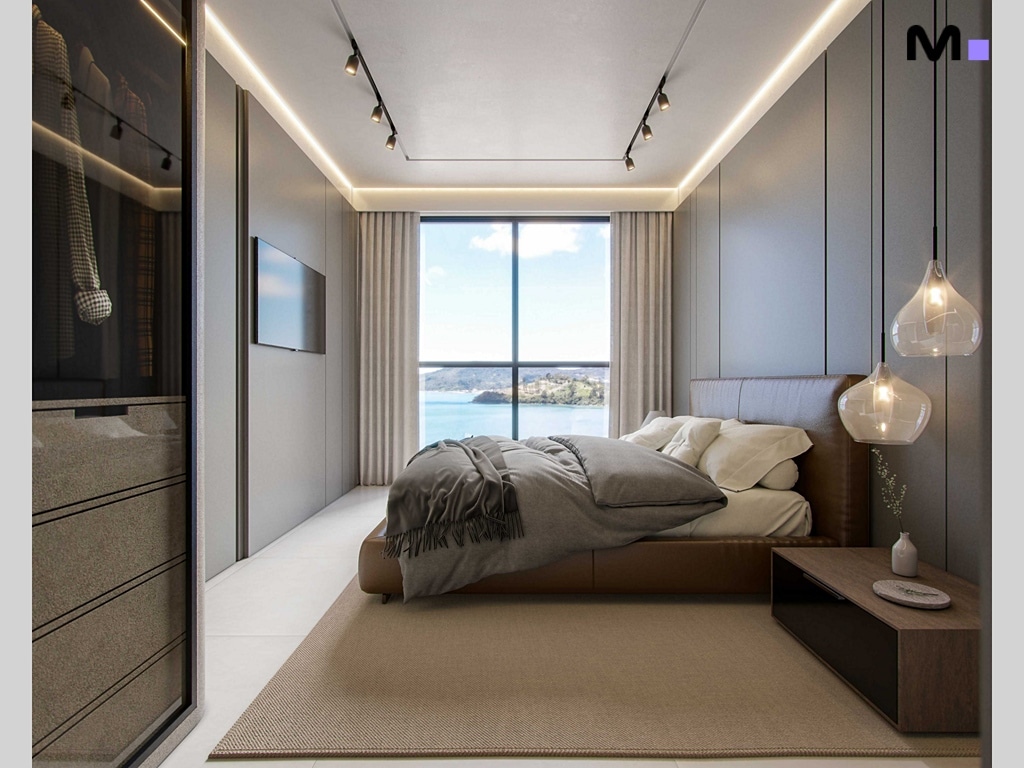 Quarto moderno com vista para o mar no Hudson Park Residence. Cama de casal, tapete bege e iluminação elegante.
