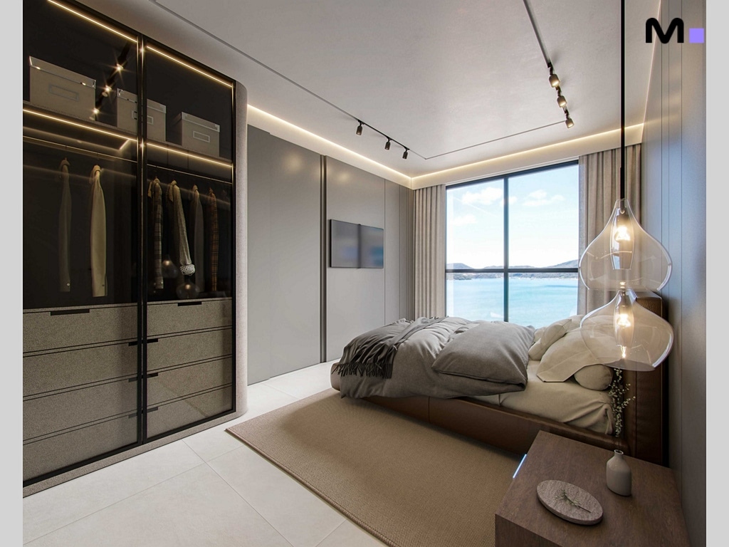 Quarto moderno com closet, cama king size e vista para o mar no Hudson Park Residence.