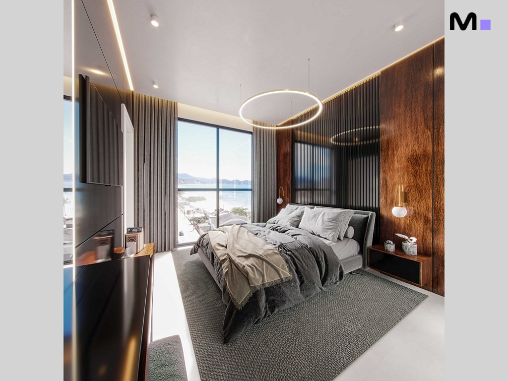 Quarto moderno e iluminado no Hudson Park Residence, com vista para a praia.