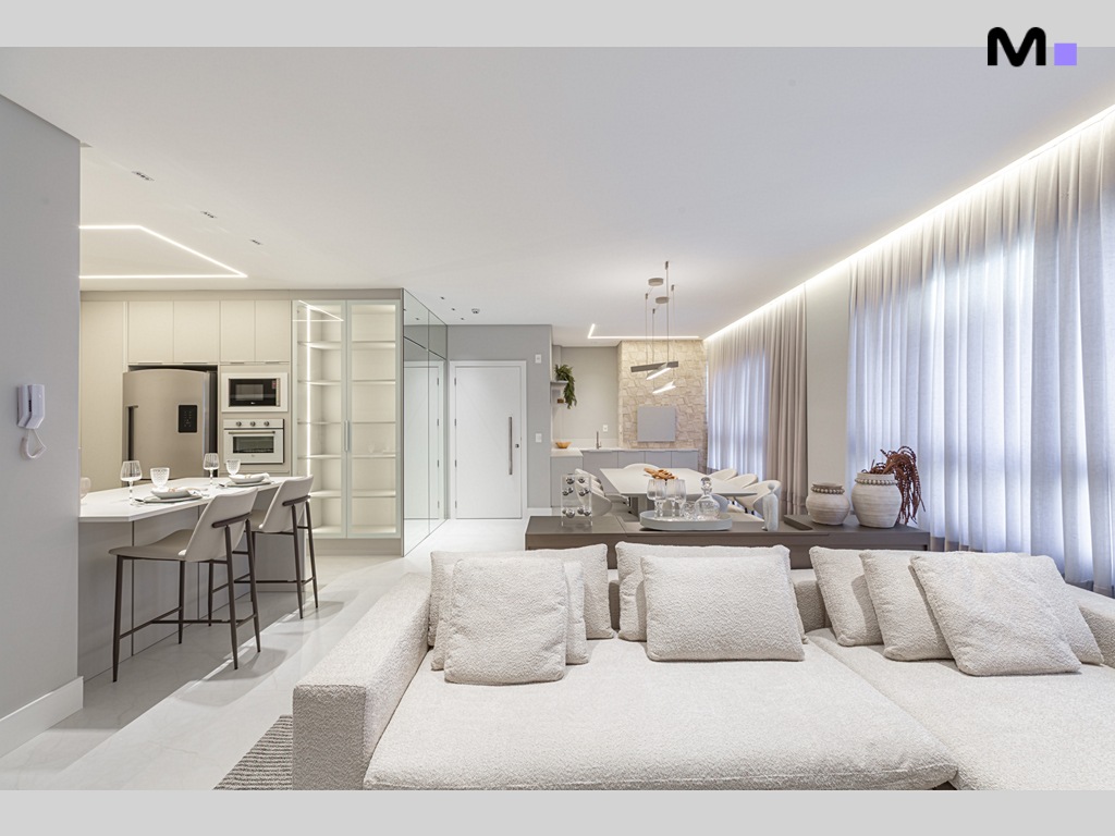 Interior moderno da Residência Vila Aurora: sala de estar e cozinha integradas, com decoração minimalista e luz natural abundante.