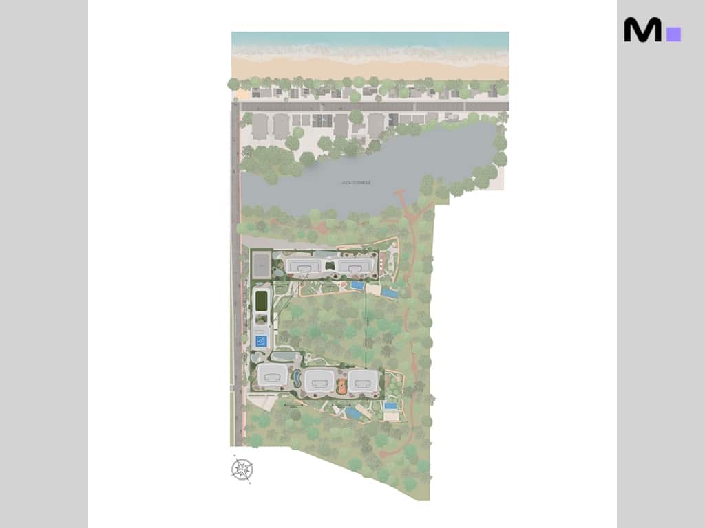 Planta baixa do Lagom Perequê Residence, mostrando a disposição dos edifícios e áreas verdes.