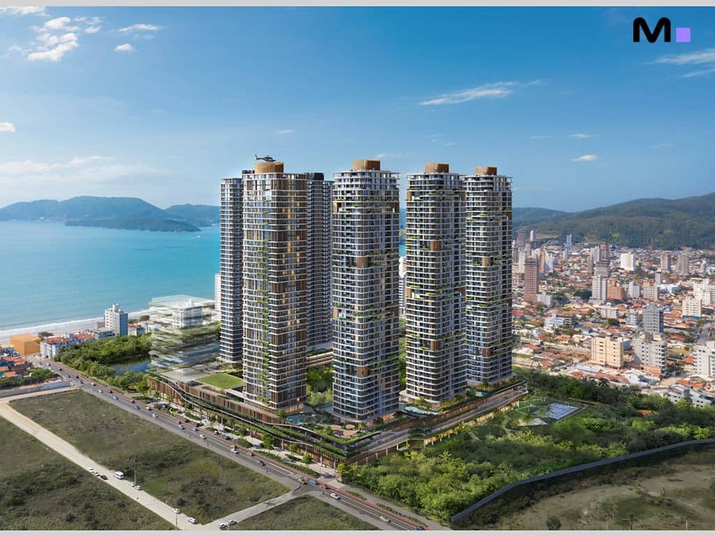 Residência Lagom Perequê: Vista aérea dos edifícios modernos à beira-mar em Perequê, Porto Belo.