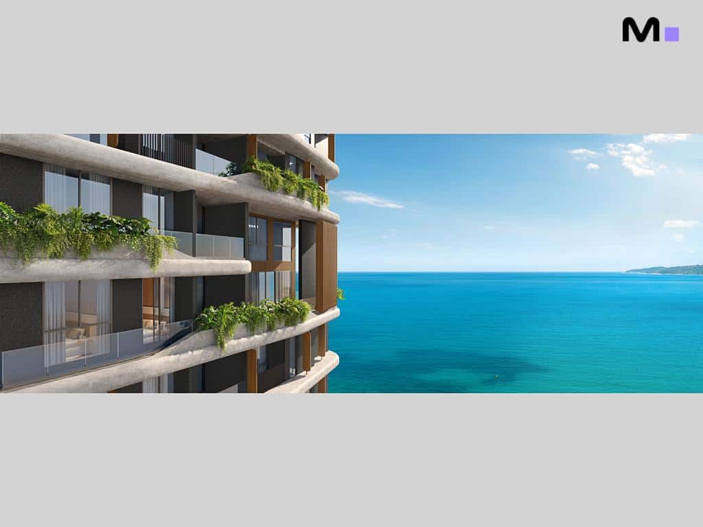 Varanda com vista para o mar no Lagom Perequê Residence. Plantas na varanda.