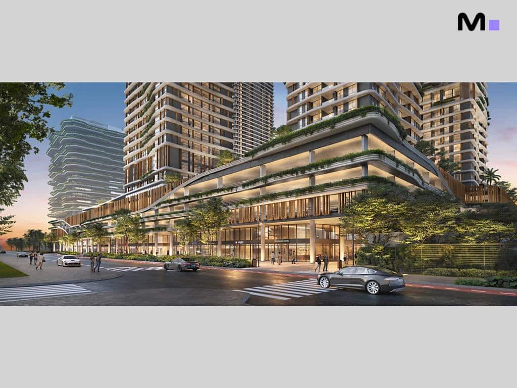 Residência Lagom Perequê: Vista externa moderna com edifícios altos e paisagismo urbano.