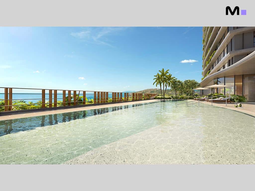 Piscina com vista para o mar no Lagom Perequê Residence.