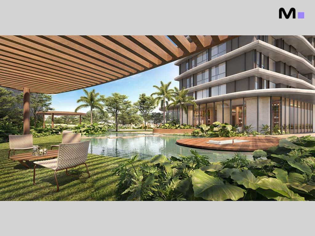 Residência Lagom Perequê com piscina, vegetação exuberante e design moderno.