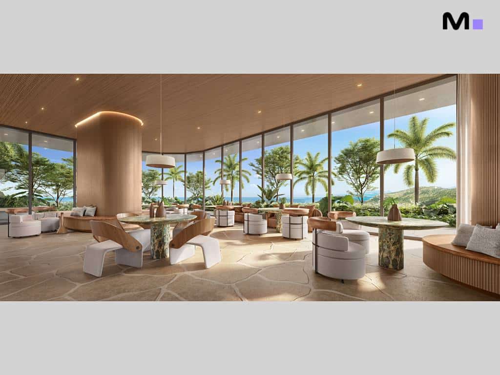 Interior elegante do Lagom Perequê Residence com vista para o mar e design moderno.