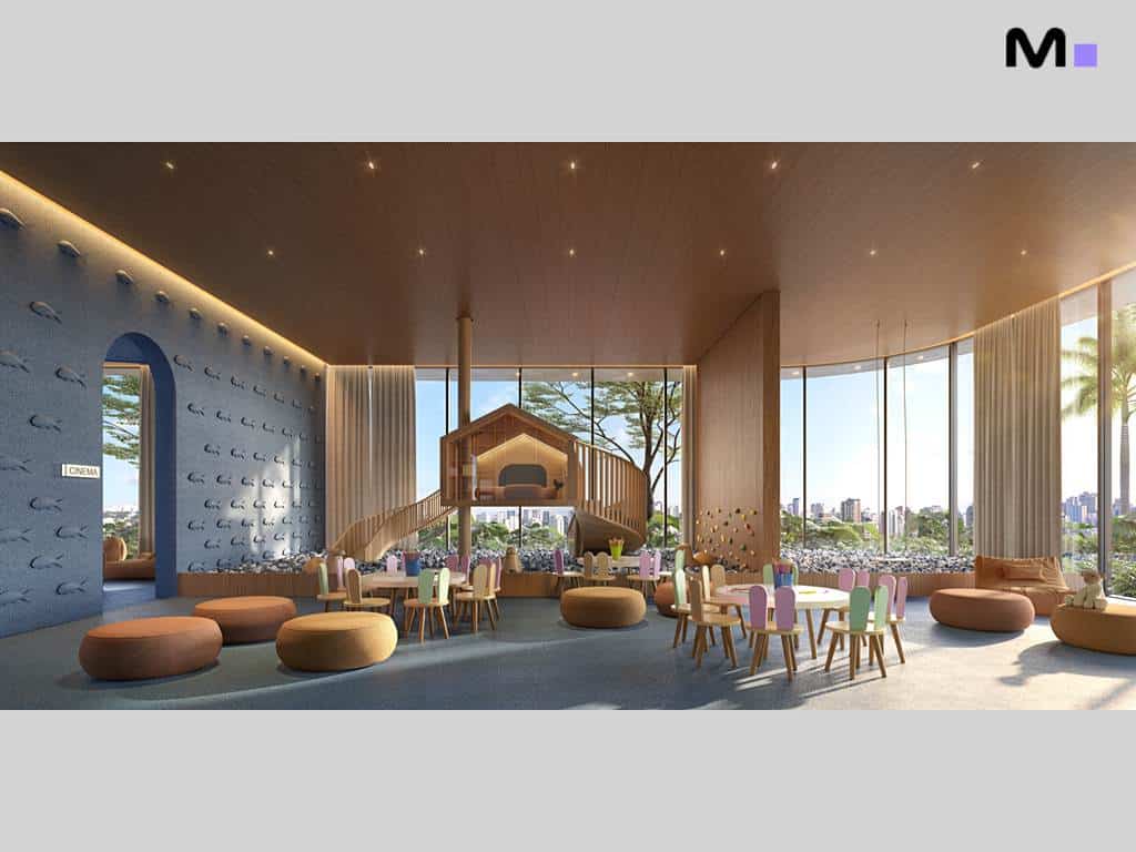 Sala de jogos infantil no Lagom Perequê Residence com casa na árvore e mesas coloridas.