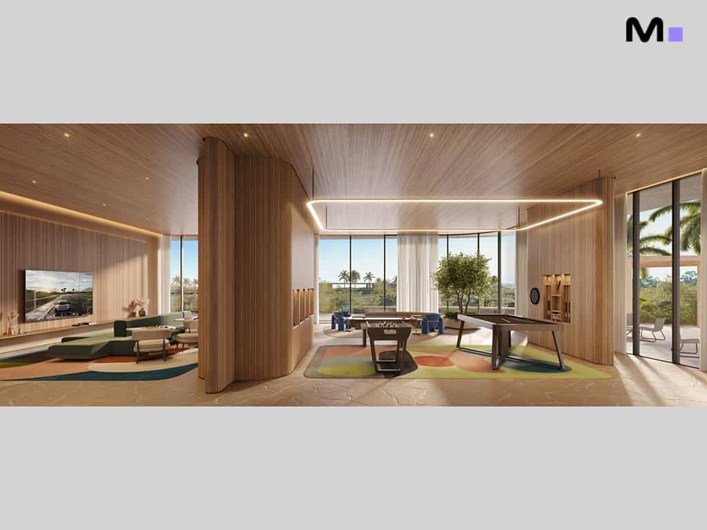 Interior moderno e espaçoso da Lagom Perequê Residence com área de lazer e vista para o exterior.