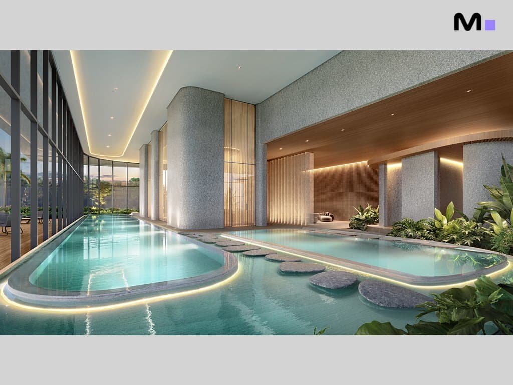 Piscina interna elegante no Lagom Perequê Residence, com design moderno e iluminação suave.