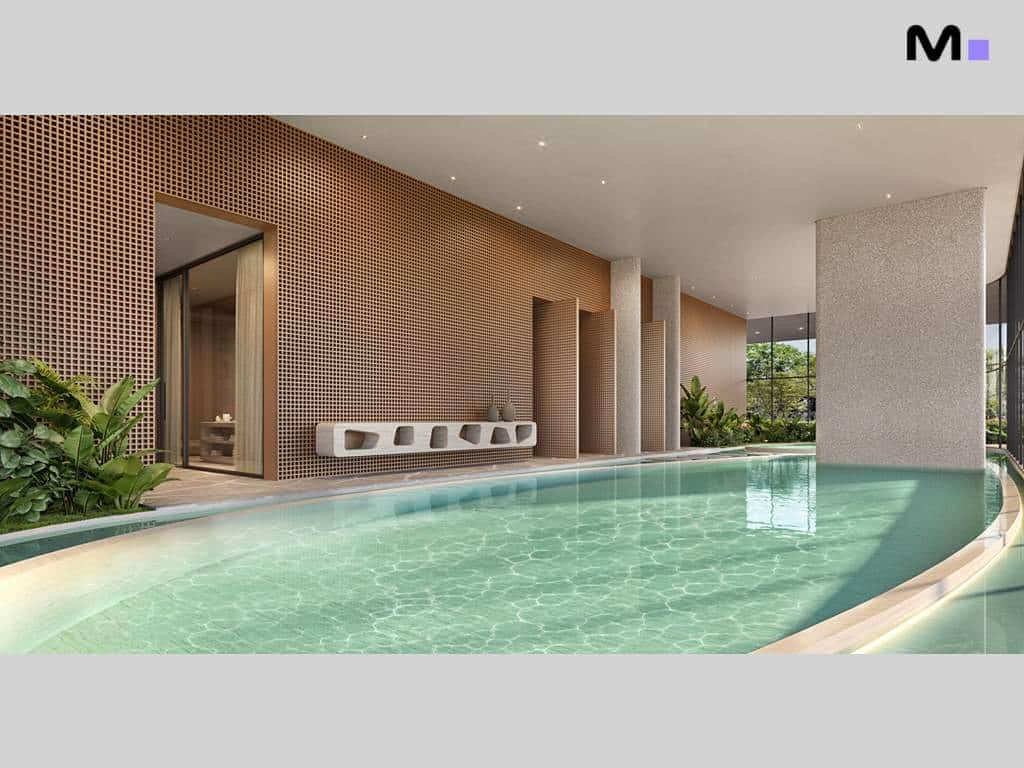 Piscina interna moderna no Lagom Perequê Residence, com detalhes em madeira e iluminação suave.