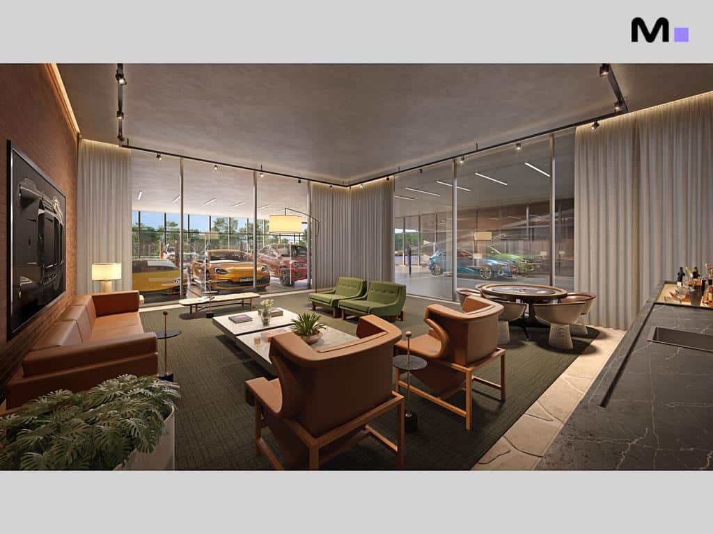 Interior elegante da Residência Lagom Perequê com vista para carros de luxo. Design moderno e aconchegante.