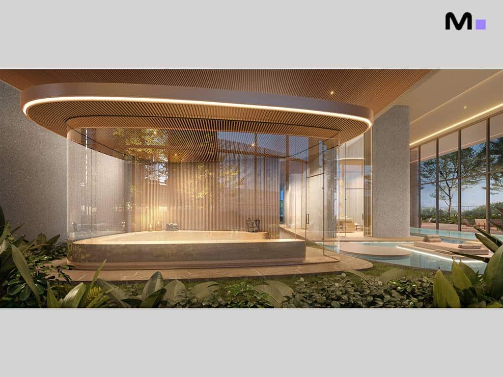 Spa moderno com piscina e vegetação no Lagom Perequê Residence.