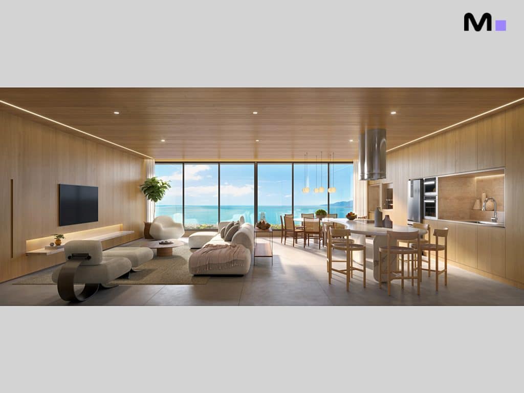 Residência Lagom Perequê: Interior moderno com vista para o mar, sala de estar e cozinha integradas.