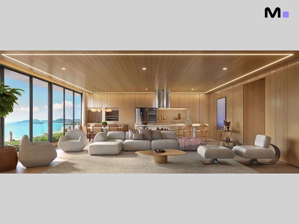 Interior moderno e iluminado do Lagom Perequê Residence com vista para o mar.