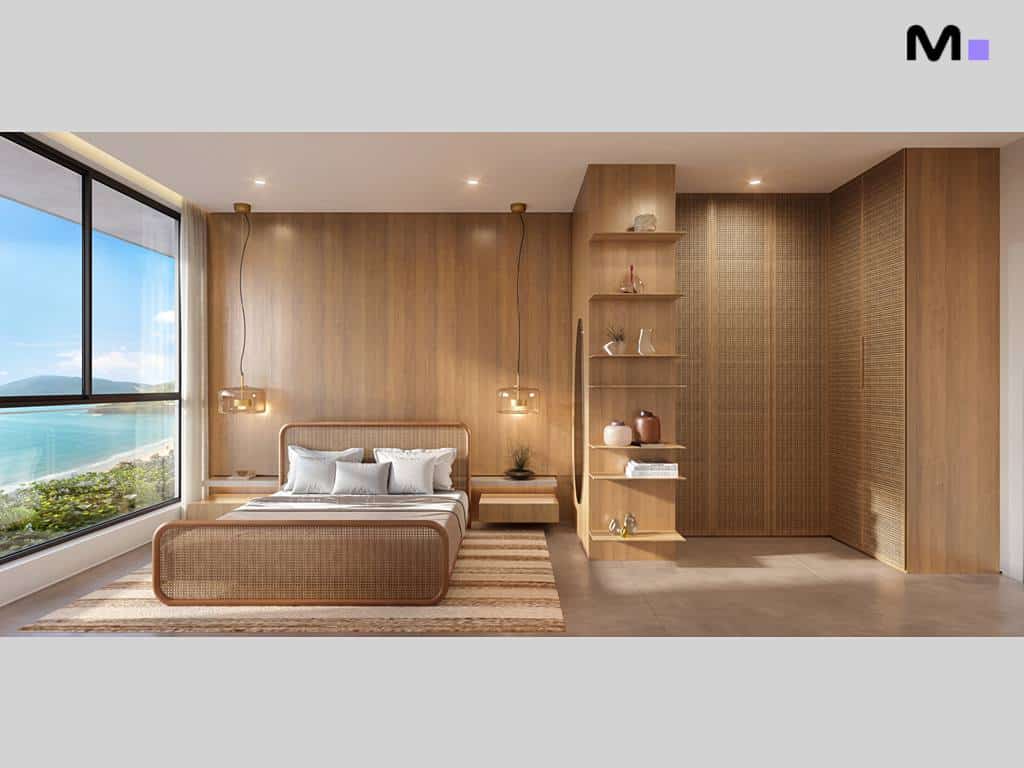 Quarto Lagom Perequê Residence com cama de vime e vista para o mar.