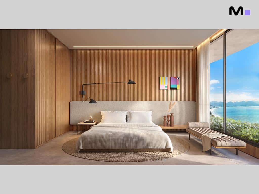 Quarto moderno com vista para o mar no Lagom Perequê Residence. Design elegante e relaxante.