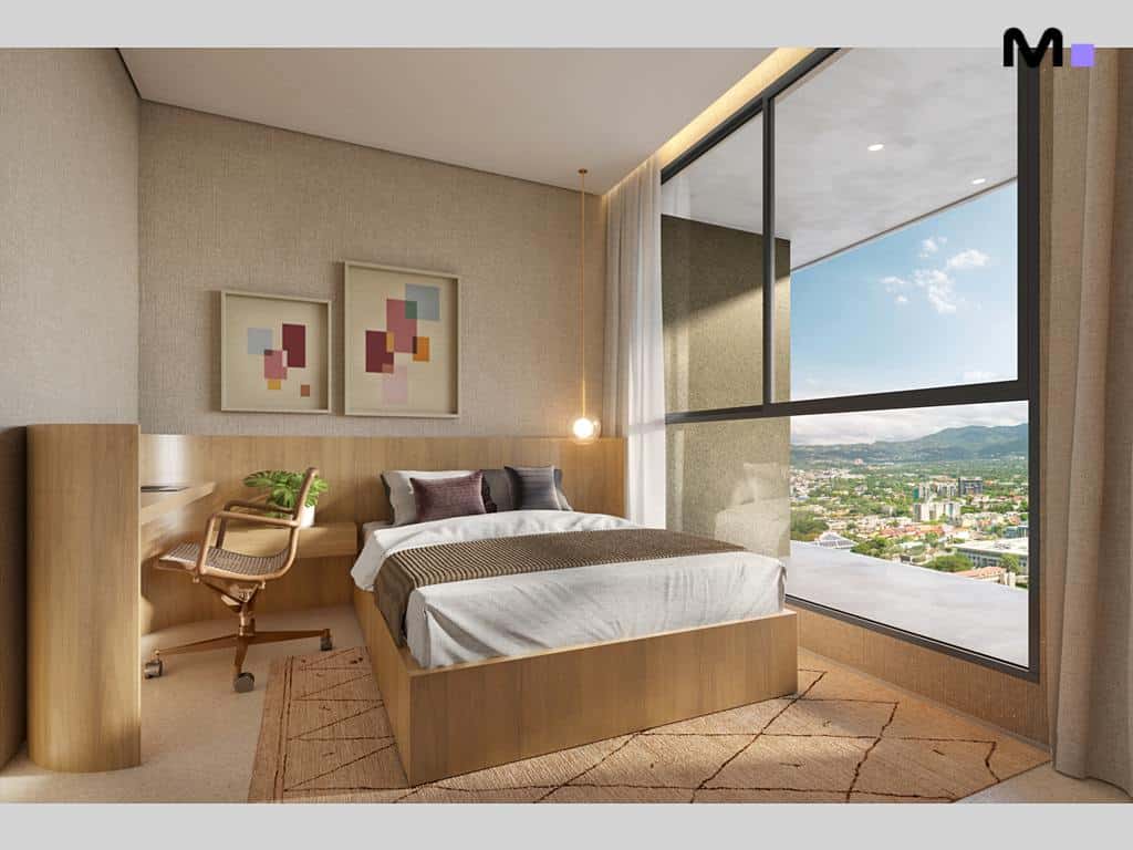 Quarto iluminado com cama de madeira, tapete rústico e vista panorâmica. Lagom Perequê Residence.