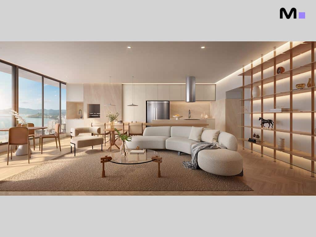 Interior moderno do Lagom Perequê Residence: sala de estar espaçosa e iluminada com vista panorâmica.