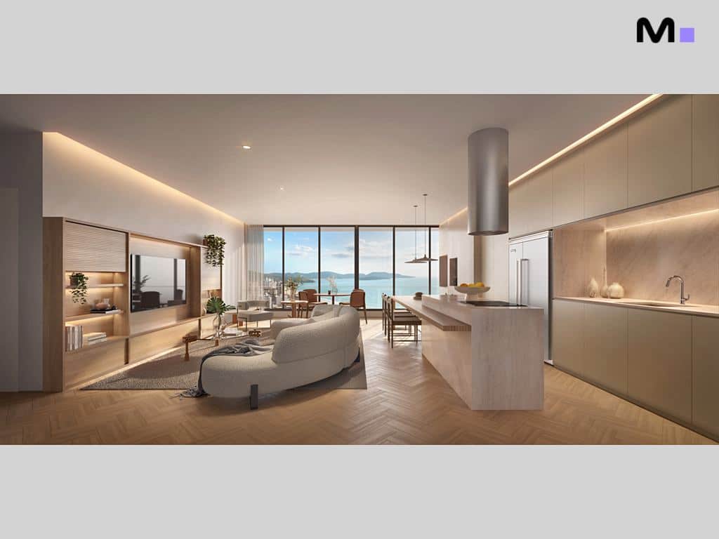 Interior moderno e luminoso do Lagom Perequê Residence com vista para o mar.