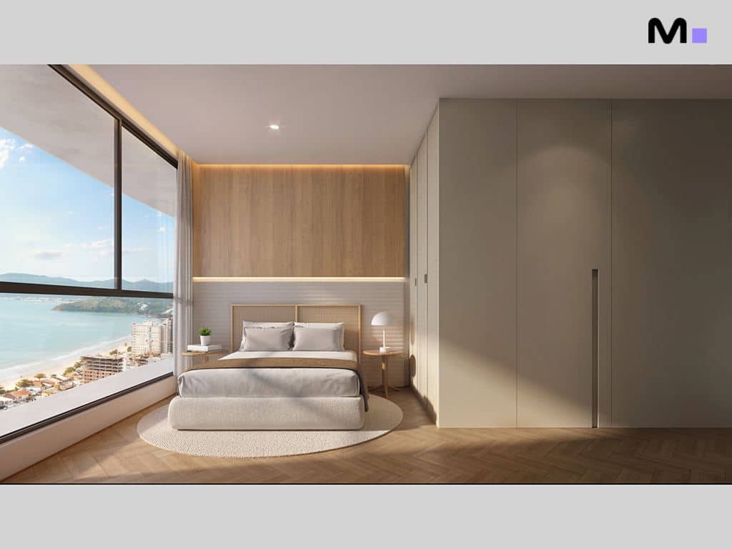 Quarto moderno com vista para o mar no Lagom Perequê Residence.