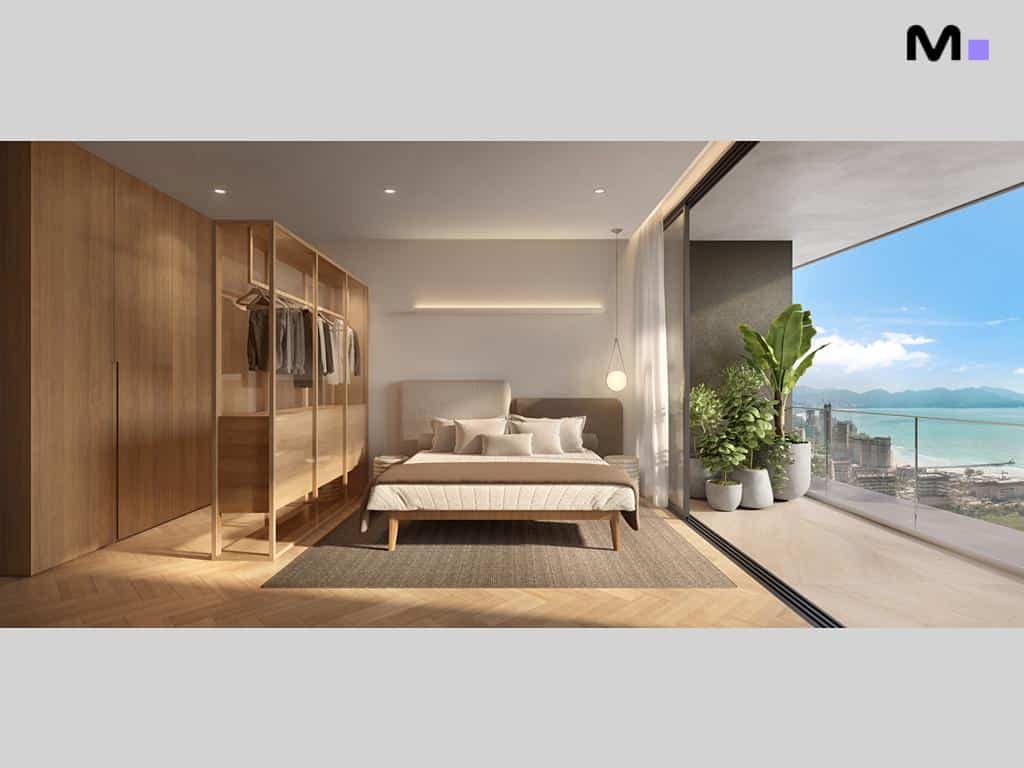 Quarto moderno com vista para o mar no Lagom Perequê Residence. Armários de madeira e varanda ampla.