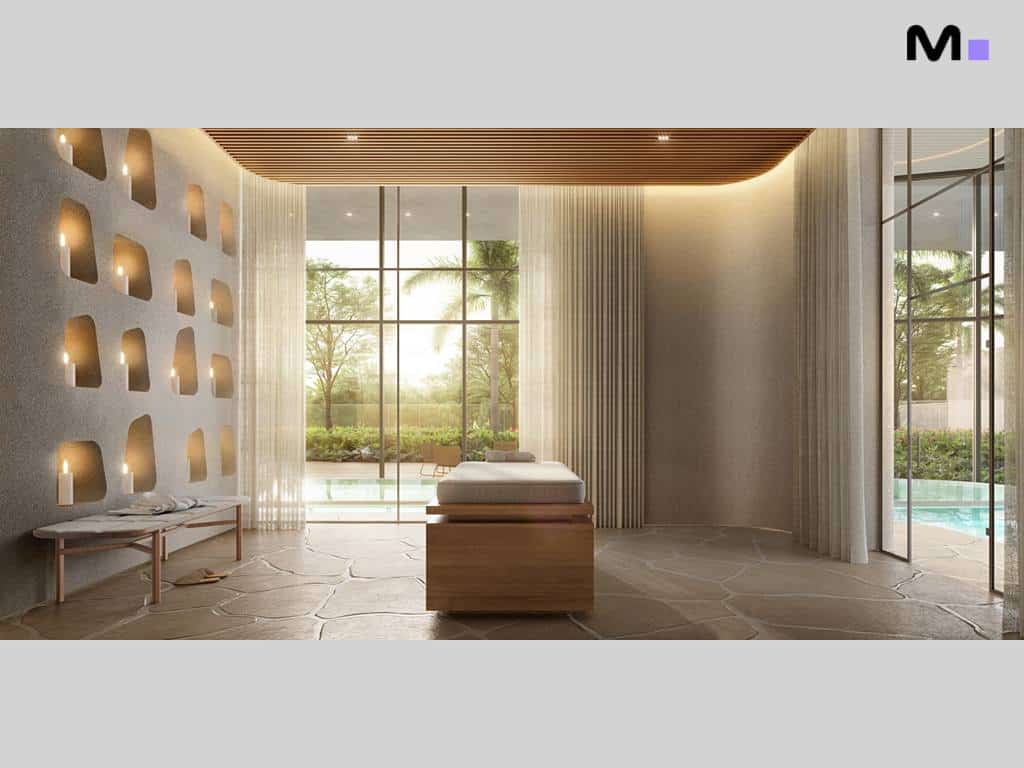 Interior moderno do Lagom Perequê Residence com área de relaxamento, luz suave e vista para a natureza.