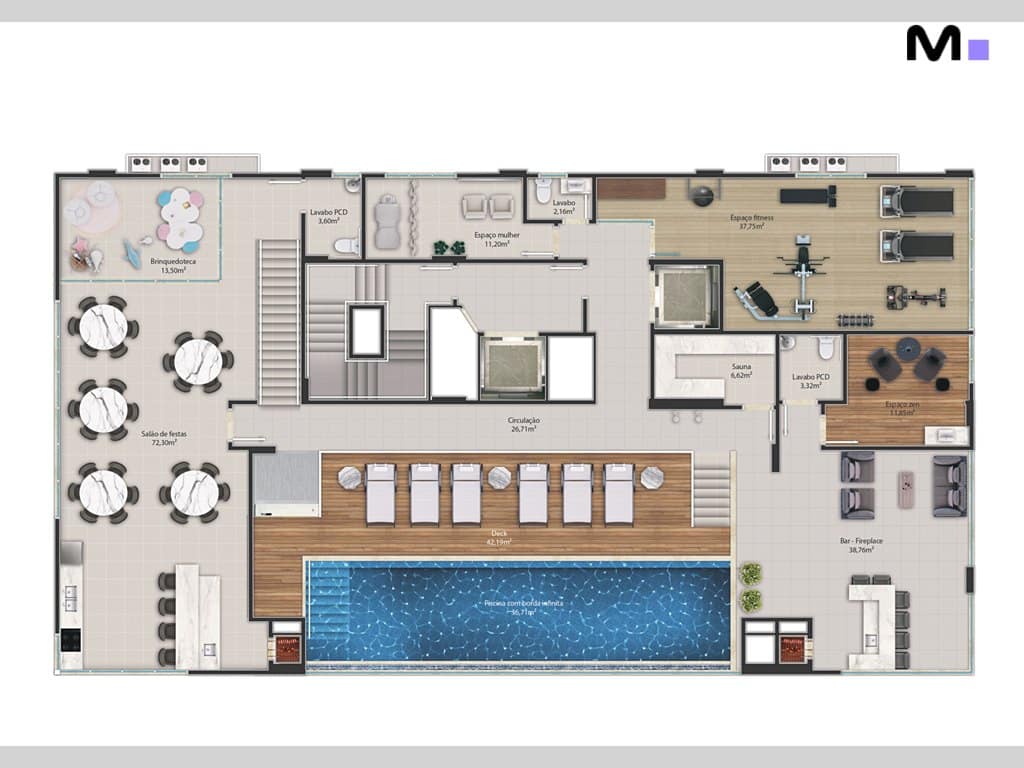 Planta baixa do Palazzo Reale com piscina, academia, salão de festas e brinquedoteca.