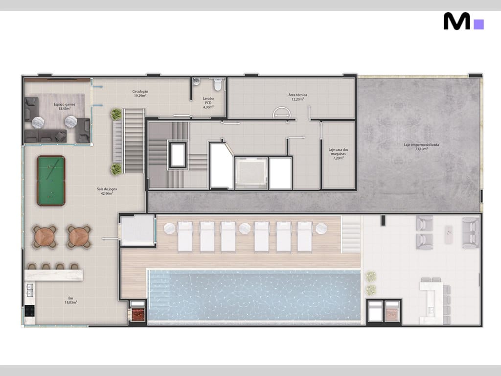 Planta baixa do Palazzo Reale com piscina, área de jogos e espaço gourmet.