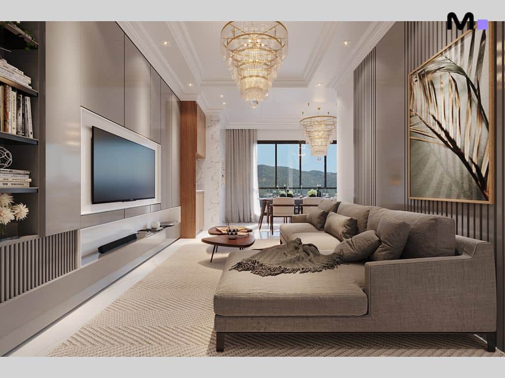 Sala de estar moderna com sofá cinza e lustre elegante, inspirada no Palazzo Reale.