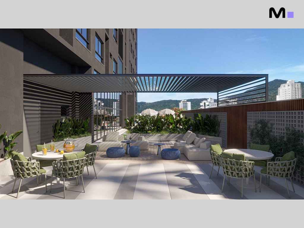 Terraço moderno do Zion Tower com área de estar, cadeiras e vista para a cidade.