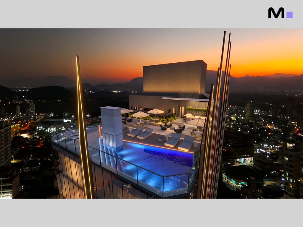 Cobertura do Zion Tower com piscina e vista noturna deslumbrante.